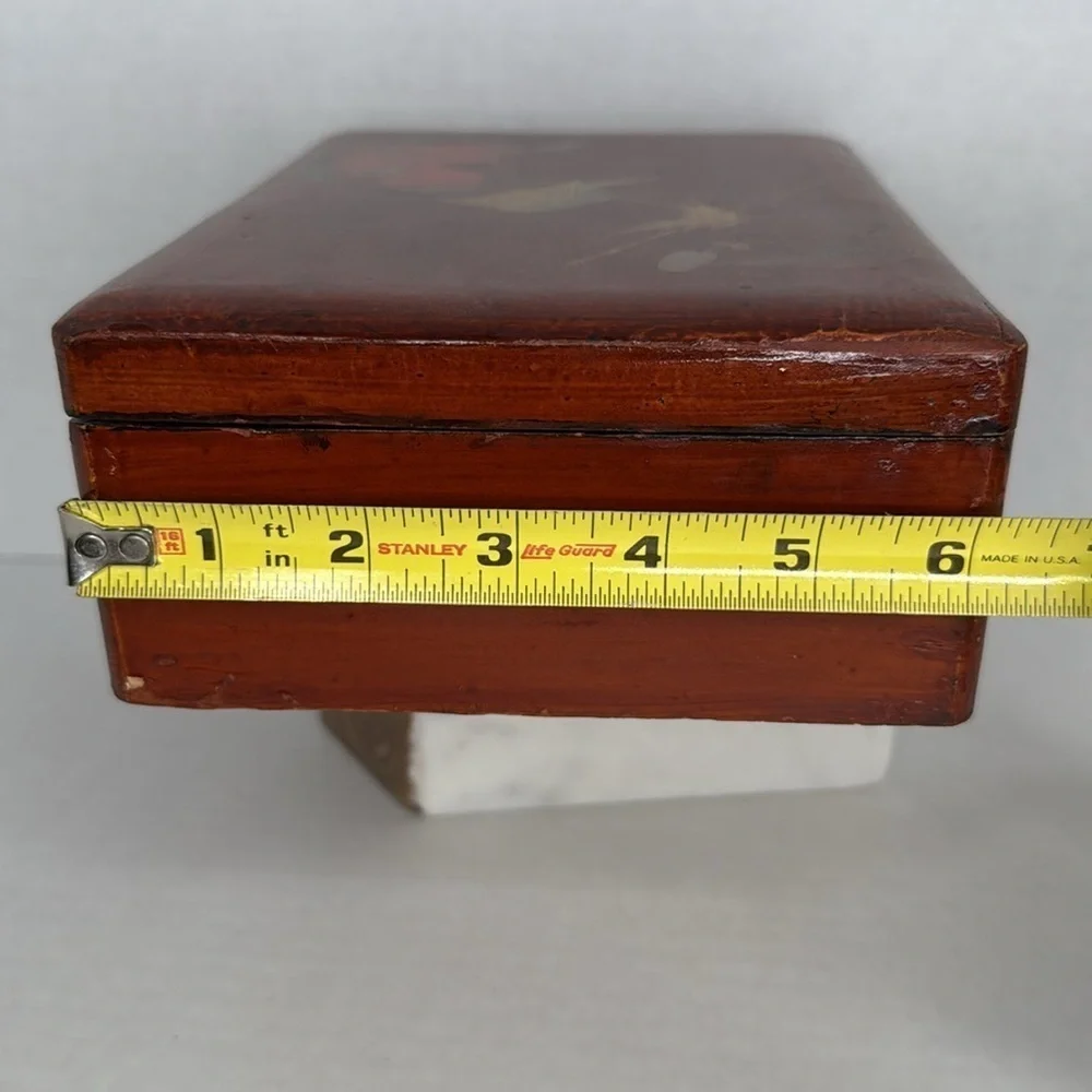Antique Japanese Hand-Painted Cinnabar-Red Lacquered Box No Key